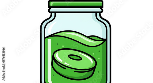 A cartoon illustration of a green liquid in a glass jar with a green lid and a green circular object inside