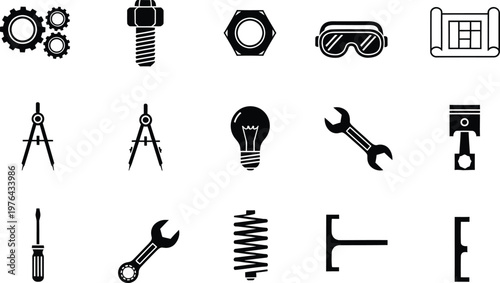 Flat design tool and hardware icons set on white background for business and technology  
