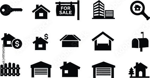 Modern real estate property icons set with for sale and mortgage symbols flat design  
