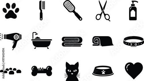 Flat lay collection of pet care and grooming essentials on white background  