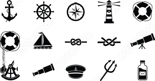 Set of minimalist nautical and maritime icons in black and white vector style  