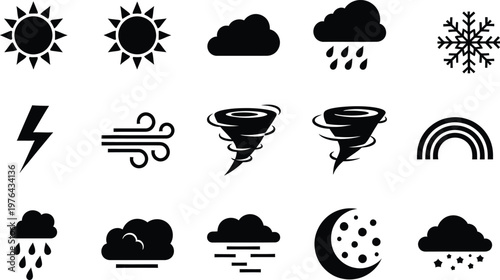Set of black weather and natural phenomenon icons on white background  