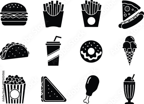 Black and white fast food icons set isolated on transparent background  