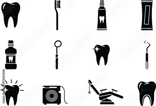 Flat design dental care icons set with toothbrush toothpaste and dental tools  