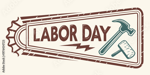 A Labor Day icon featuring a hammer and mallet on a banner with a sunburst design