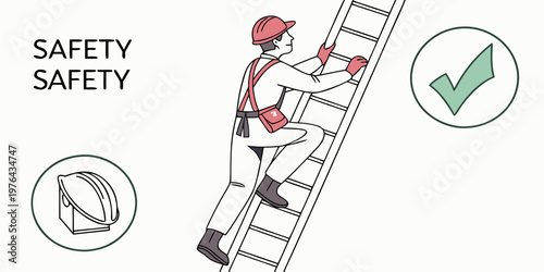 A safety worker climbing a ladder with a hard hat and harness, symbolizing workplace safety and protection.