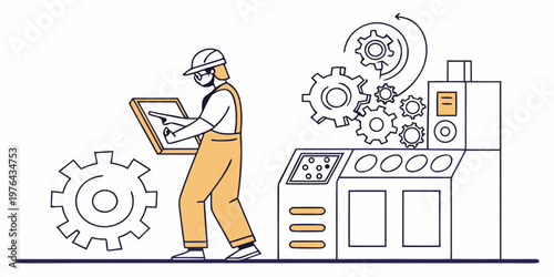 A worker in a hard hat and face mask inspects a clipboard near a machine with gears and controls