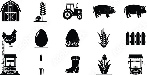 Flat design farm icons set with animals crops tools and barn vector illustration  