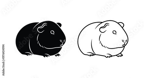 Cute Guinea Pig Silhouettes - Black and White Art Vector