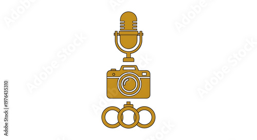 A vector graphic illustration of a microphone, camera, and handcuffs stacked vertically in a simple design