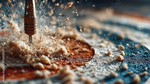 Target dart impact close up with flying dust dramatic accuracy illustration