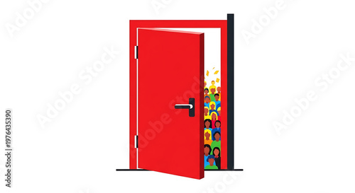 A vibrant illustration of a red door opening to reveal a crowd of diverse people
