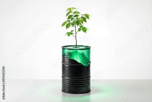 Small green plant grows out of black oil drum with translucent green liquid top against white background. Sustainable energy, industrial transition, ecological restoration, green technology.
