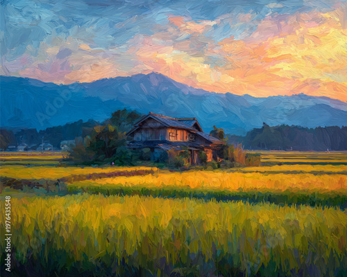 Rustic Wooden House In Yellow Rice Field At Sunset With Mountains