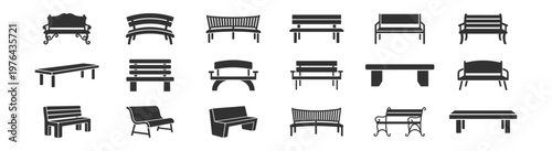 set of black bench icon silhouettes collection furniture seating concept on transparent background