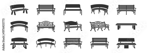 park benches and outdoor seating vector icons collection on transparent background