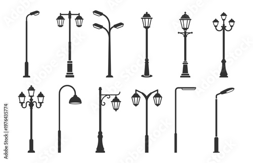 collection of black street lamp silhouettes vector illustration on transparent background