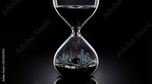 Dark liquid oil drips through glass hourglass onto miniature modern city model. oil spill metaphor, black gold economy, fuel scarcity concept.