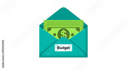 A teal envelope with cash sticking out labeled budget