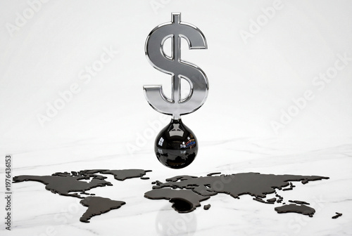 Large chrome dollar sign drips black oil onto flat world map made of liquid petroleum. Global economy, petrodollar system, fossil fuel dependency.