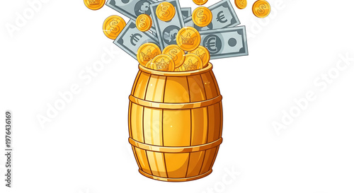 A vector graphic illustration of a wooden barrel overflowing with gold coins and banknotes on a white background