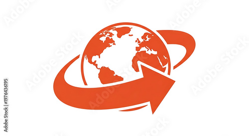 A vibrant orange vector graphic of a globe with an arrow circling around it, symbolizing global movement and progress.