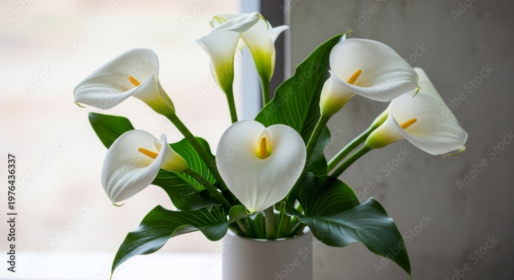 Fototapeta premium A beautiful bouquet of white calla lilies in a vase on a table by a window