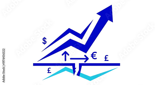 A vector graphic illustration of a blue arrow chart showing financial growth and exchange rates between dollar, euro, and pound.