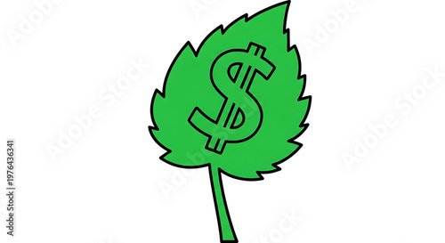 A green leaf with a dollar sign symbolizes financial growth and prosperity in a simple vector graphic