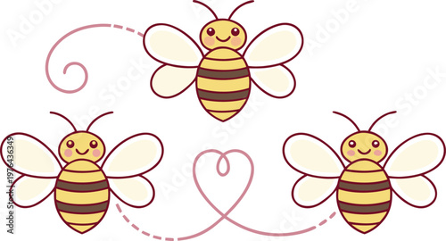 Smiling bees with curly dotted trails and heart shape insects cartoon yellow and black stripes
