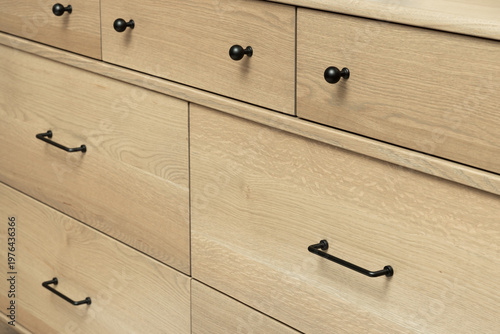 Εκτύπωση καμβά Neutral stain color on wooden white oak cabinetry with rift, plain and quarter s