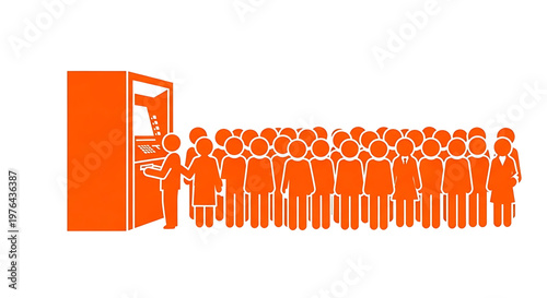 A vector graphic illustration of a line of people waiting to use an ATM machine