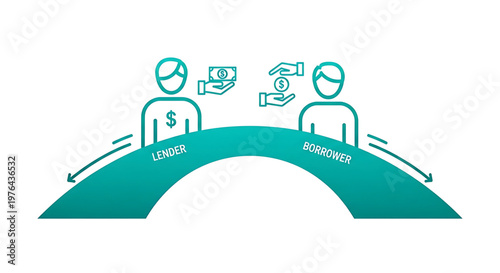 A vector graphic illustrating a lender and borrower exchanging money in a simple, flat design
