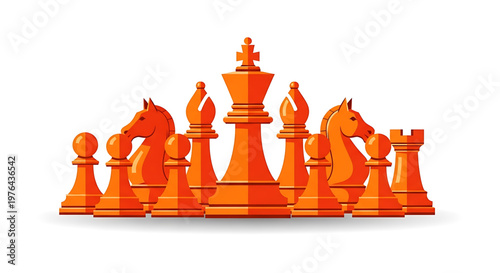 A vibrant orange chess set arranged on a plain white background