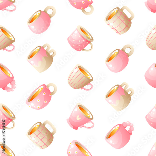 Pink pastel mugs seamless pattern cute kitchen style