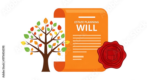 A vector graphic illustration of an estate planning will with a tree and a red wax seal on a white background