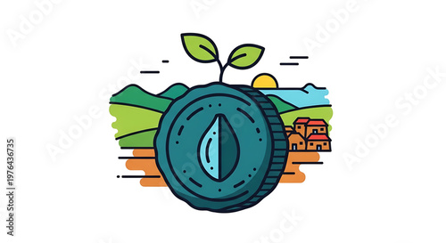 A colorful vector graphic illustration of a tire with a plant growing out of it, set against a scenic landscape with mountains, sun, and buildings.