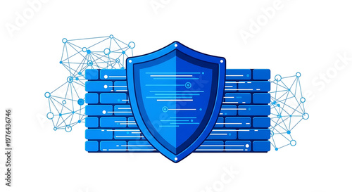 A blue shield icon with a brick wall and network connections in the background, representing cybersecurity and protection.