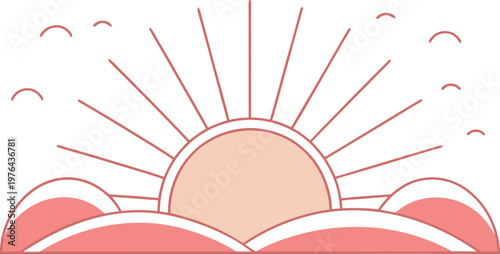 Pink sun rising behind clouds with rays and curved lines sunrise peach