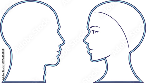 Line head silhouettes of male and female profiles in blue outline white background