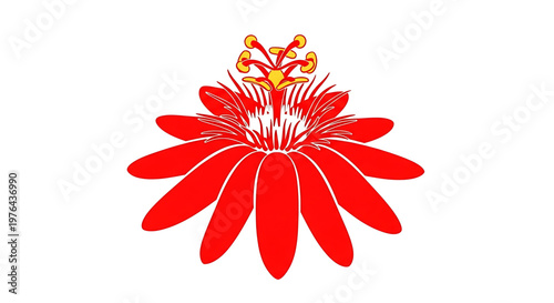 A vibrant red flower icon with yellow stamens on a white background