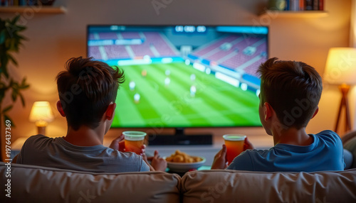 Two young men sitting on a comfortable couch in a cozy living room watching a soccer match on television, relaxed friendship moment, sports entertainment.