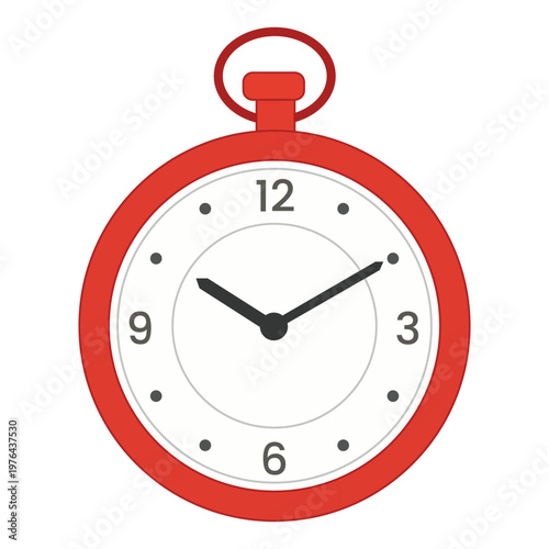 A red stopwatch with a white face and black hands on a plain background