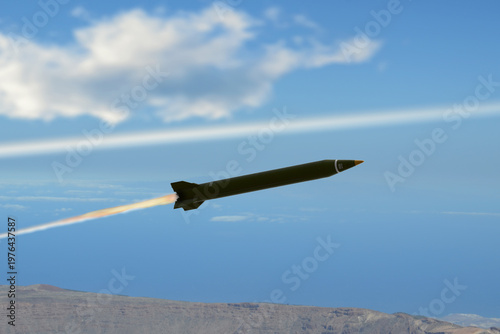 Fotografía Missile in flight over mountain landscape with fiery trail in sky