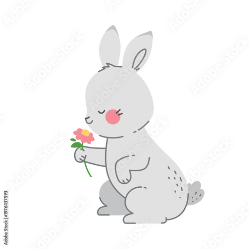 Cute bunny holding a pink flower. Kawaii rabbit character isolated on white background