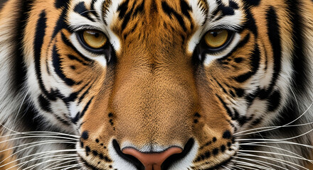 Close-up portrait of a majestic tiger's face, showcasing its intense gaze and distinctive stripes, highlighting the raw beauty of this powerful predator in its natural habitat, an emblem of the wild