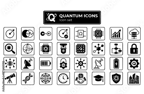 Quantum Computing Icon Set Qubit Superposition Entanglement Error Correction Quantum Advantage Enterprise Tech Research Infographic Vector Illustration