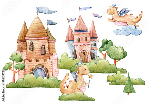 Tableau sur toile Watercolor fairy tale castle and dragon on transparent background