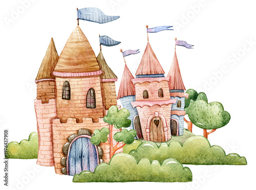 Watercolor illustration of cute fairytale castle with towers and flags on transparent background. Fantasy medieval palace building for kid storybook design and nursery wall art decor.