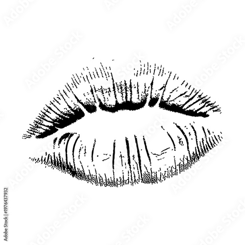 Passionate Lips: A monochrome etching of full lips, a symbol of affection, sensuality, and expression.